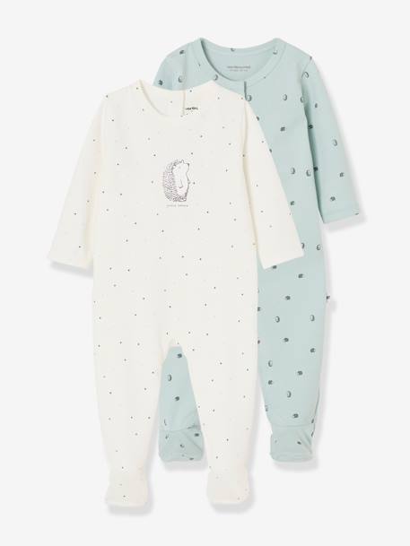 Lot de 2 pyjamas bébé ouverture naissance en cotob bio 'lovely nature' lot vert d'eau 1 - vertbaudet enfant 