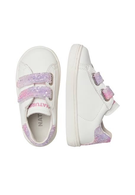 Baskets fille en cuir et tissu hasselt 2 à scratch, avec paillettes Blanc-rose 4 - vertbaudet enfant 