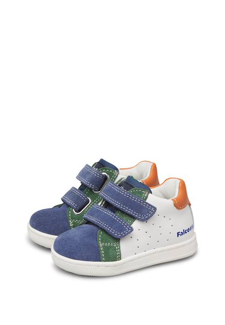 Baskets enfant en cuir et daim kiner à scratch Blanc crème-rose poudré+Blanc-bleu clair-vert 10 - vertbaudet enfant 