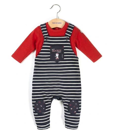 Ensemble salopette + haut 100% coton bébé garçon Marine raye naturel 1 - vertbaudet enfant 