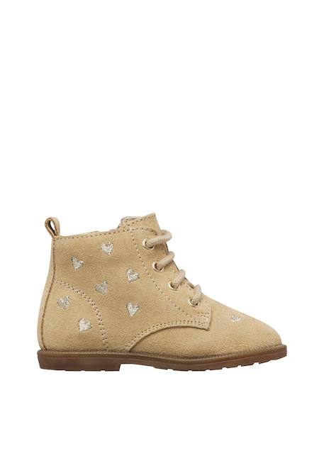 Bottines bébé fille en daim robin new à zip, broderies cœurs Beige-marron+Rose-marron 1 - vertbaudet enfant 
