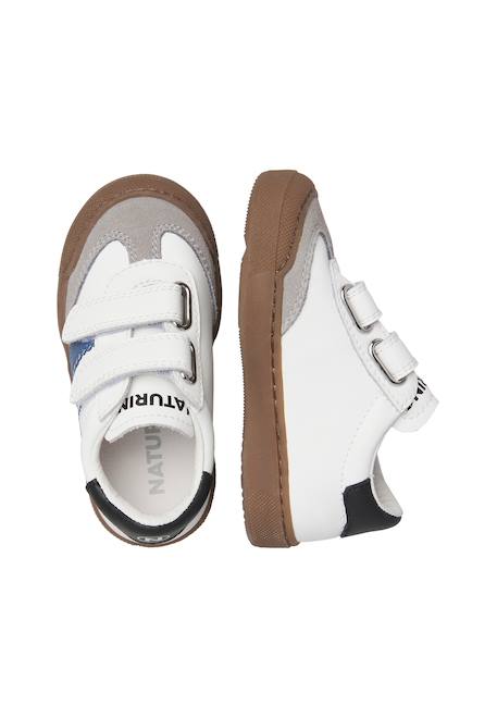 Baskets bébé en cuir et daim riby à scratch Blanc-gris-bleu+Blanc-gris-rose poudré 4 - vertbaudet enfant 