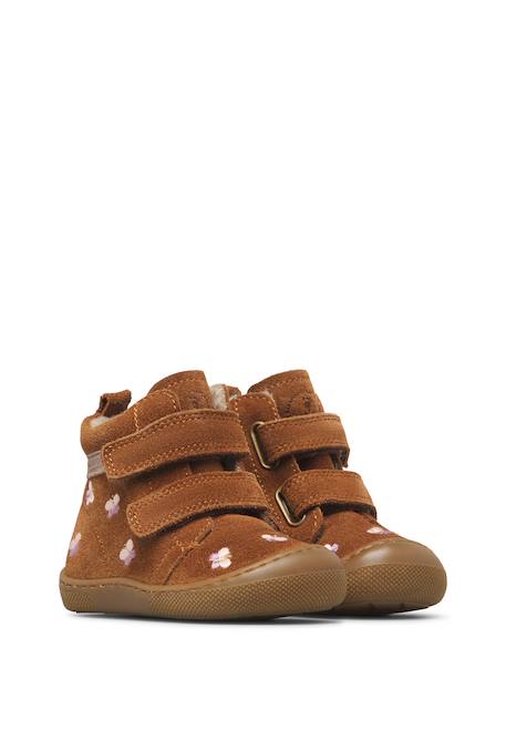 Bottines barefoot bébé fille en daim wigghi à scratch, broderies papillons Marron-rose 2 - vertbaudet enfant 