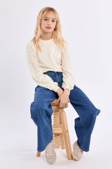 Pull en maille, manches fantaisie - fille Offwhite 3 - vertbaudet enfant 