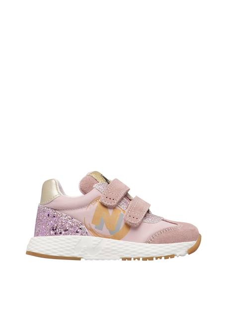 Baskets bébé fille en cuir et tissu jesko 2 à scratch, avec paillettes Rose-rose poudré 1 - vertbaudet enfant 