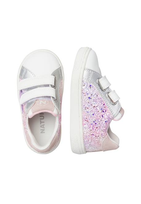 Baskets fille en daim et tissu pailleté pinn à scratch Blanc-argenté 4 - vertbaudet enfant 