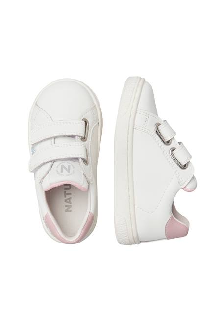 Baskets fille en cuir et tissu pailleté pinn à scratch Blanc-rose 4 - vertbaudet enfant 