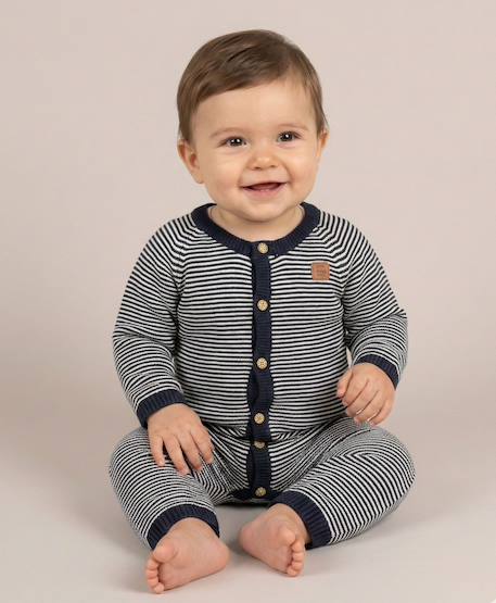 Combinaison 100% coton bébé Fond naturel raye indigo 1 - vertbaudet enfant 