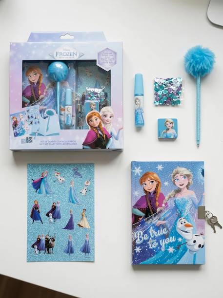 Set journal la reine des neiges avec stylo fuzzy et autocollants Bleu et violet 2 - vertbaudet enfant 