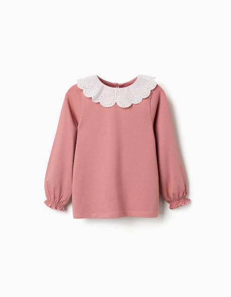 T-shirt à manches longues avec col en broderie anglaise Blanc+Rose 4 - vertbaudet enfant 