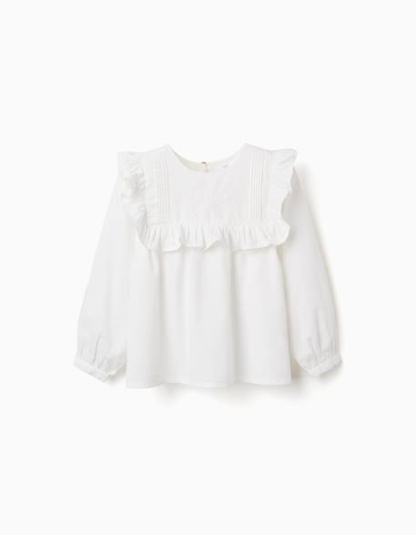 Blouse en coton à manches longues avec volants et broderie Blanc 1 - vertbaudet enfant 
