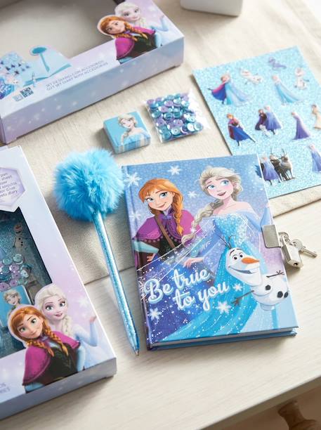 Set journal la reine des neiges avec stylo fuzzy et autocollants Bleu et violet 1 - vertbaudet enfant 