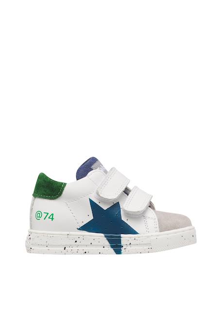 Baskets bébé en cuir et daim salazar 3 à scratch Blanc-gris-marine+Kaki-rouge 1 - vertbaudet enfant 