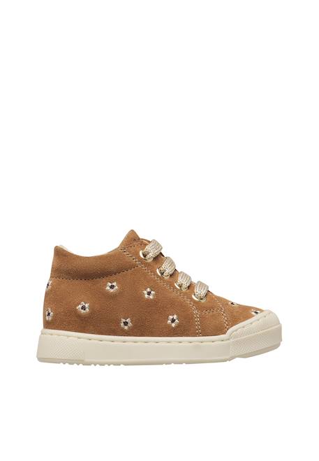 Baskets bébé fille en daim snopes à zip, broderies marguerites Blanc-brun+Blanc-rose 1 - vertbaudet enfant 