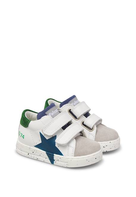 Baskets bébé en cuir et daim salazar 3 à scratch Blanc-gris-marine+Kaki-rouge 2 - vertbaudet enfant 