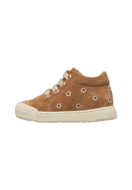 Baskets bébé fille en daim snopes à zip, broderies marguerites Blanc-brun+Blanc-rose 3 - vertbaudet enfant 