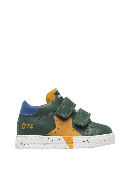 Baskets bébé garçon en cuir et daim salazar 3 à scratch Vert-bleu ciel-citrouille 1 - vertbaudet enfant 