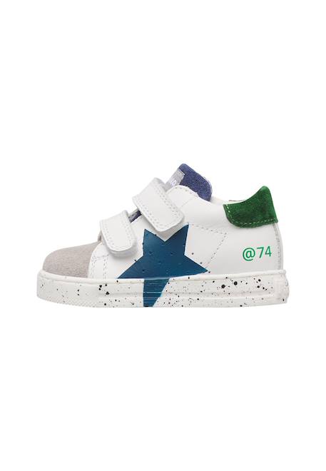 Baskets bébé en cuir et daim salazar 3 à scratch Blanc-gris-marine+Kaki-rouge 3 - vertbaudet enfant 