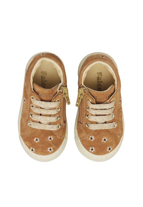Baskets bébé fille en daim snopes à zip, broderies marguerites Blanc-brun+Blanc-rose 4 - vertbaudet enfant 