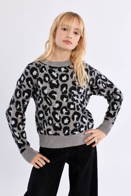 Pull en maille, imprimé léopard - fille Gris 5 - vertbaudet enfant 