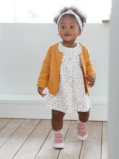 Ensemble 3 pièce robe + cardigan + bandeau bébé fille corail+ivoire imprimé+vieux rose 10 - vertbaudet enfant 