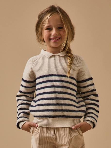 Pull laine mérinos fille - cyrillus x les 3 tricoteurs Marine/ecru 1 - vertbaudet enfant 