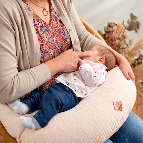 Coussin de grossesse et allaitement déhoussable en gaze de coton Beige+Bleu+Rose 2 - vertbaudet enfant 