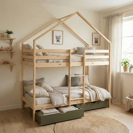 Lit enfant superposé cabane 90 x 190 cm pin naturel sommier à lattes et tiroirs - roya Blanc+Vert 7 - vertbaudet enfant 