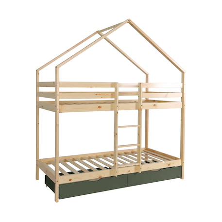 Lit enfant superposé cabane 90 x 190 cm pin naturel sommier à lattes et tiroirs - roya Blanc+Vert 8 - vertbaudet enfant 