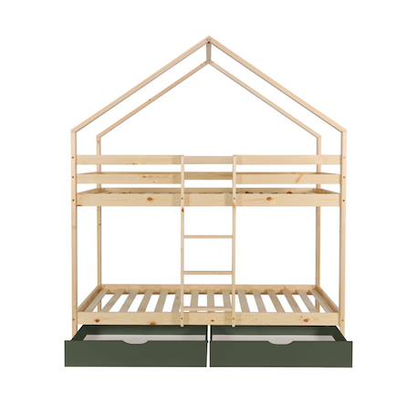 Lit enfant superposé cabane 90 x 190 cm pin naturel sommier à lattes et tiroirs - roya Blanc+Vert 12 - vertbaudet enfant 