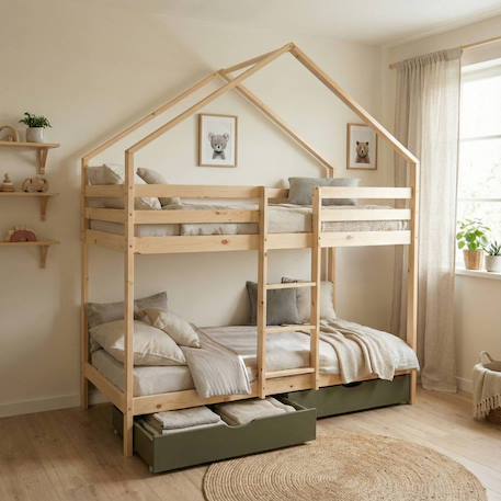 Lit enfant superposé cabane 90 x 190 cm pin naturel sommier à lattes et tiroirs - roya Blanc+Vert 9 - vertbaudet enfant 