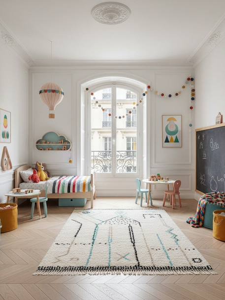 Tapis épais à franges style ethnique glyph Bleu naturel+Palette colorée 8 - vertbaudet enfant 