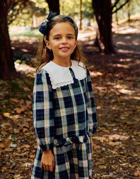 Robe en coton à carreaux avec plis b&s Bleu foncé 1 - vertbaudet enfant 