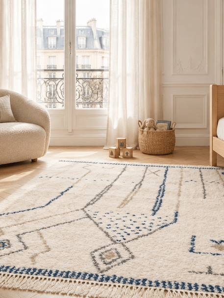 Tapis épais à franges style ethnique glyph Bleu naturel+Palette colorée 2 - vertbaudet enfant 