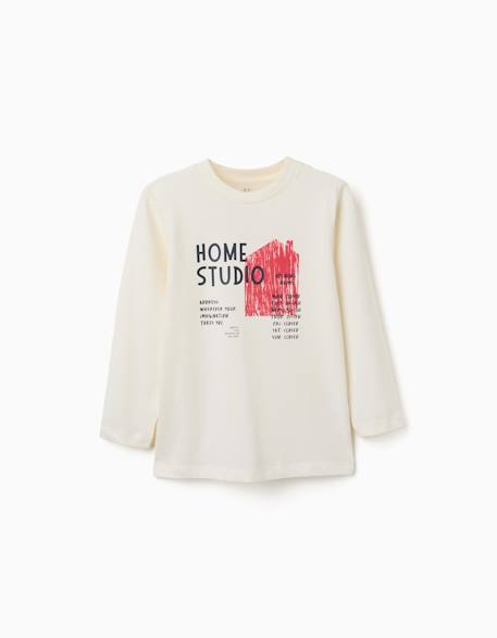 T-shirt en coton à manches longues avec imprimé home studio Blanc 1 - vertbaudet enfant 
