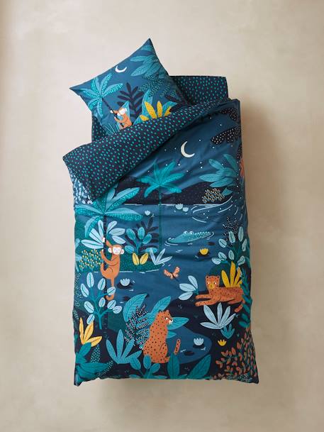 Parure housse de couette enfant et taie d'oreiller JUNGLE NIGHT bleu / multicolore 5 - vertbaudet enfant 