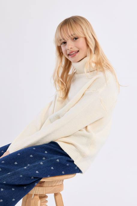 Pull oversize, col roulé - fille Fuchsia+Noir+Offwhite 15 - vertbaudet enfant 