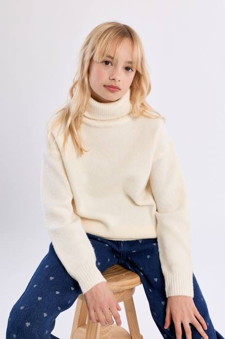 Pull oversize, col roulé - fille Fuchsia+Noir+Offwhite 11 - vertbaudet enfant 