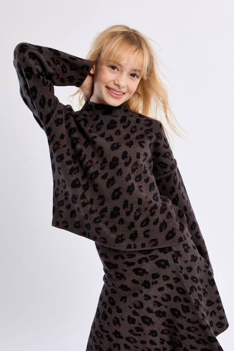 Pull en maille, imprimé animalier - fille Camel+Dark grey 6 - vertbaudet enfant 