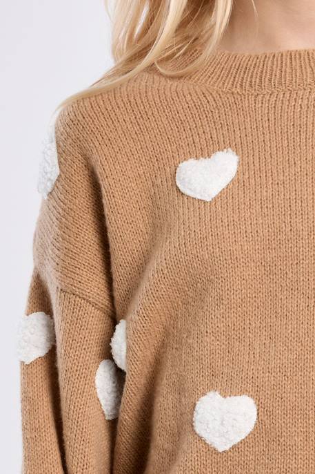 Pull en maille, motif cœur texturé - fille Beige 2 - vertbaudet enfant 