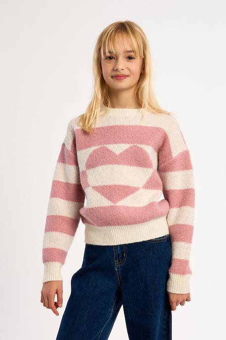 Pull à rayures, motif cœur Rose 1 - vertbaudet enfant 