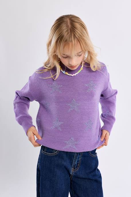 Pull en maille à motifs étoiles - fille Mauve+Noir+Purple 14 - vertbaudet enfant 