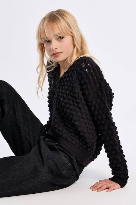 Pull col v en maille ajourée - fille Noir 1 - vertbaudet enfant 