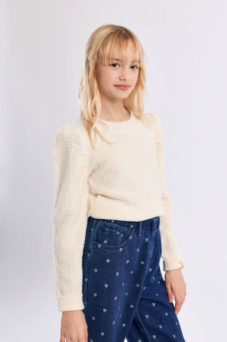 Pull en maille, épaules froncées - fille Noir+Offwhite 10 - vertbaudet enfant 