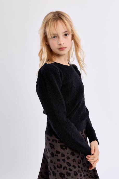 Pull en maille, épaules froncées - fille Noir+Offwhite 4 - vertbaudet enfant 