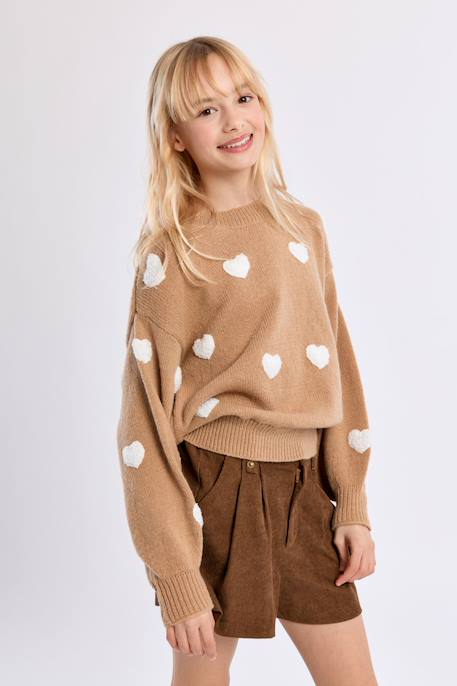 Pull en maille, motif cœur texturé - fille Beige 5 - vertbaudet enfant 