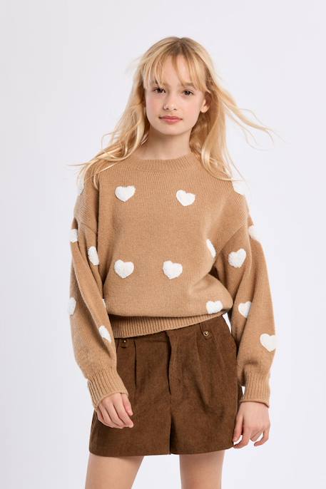 Pull en maille, motif cœur texturé - fille Beige 1 - vertbaudet enfant 