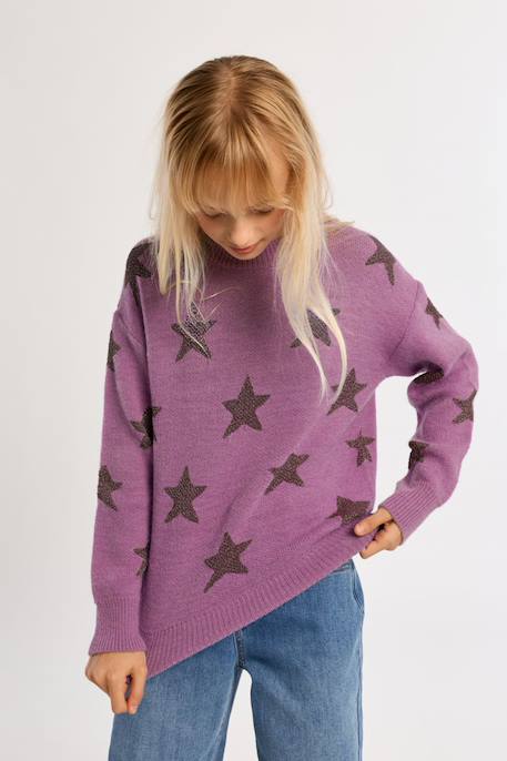 Pull en maille à motifs étoiles - fille Mauve+Noir+Purple 1 - vertbaudet enfant 