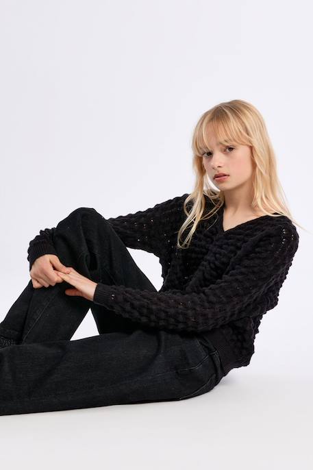 Pull col v en maille ajourée - fille Noir 5 - vertbaudet enfant 