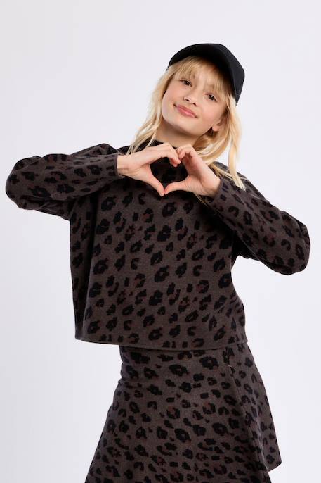 Pull en maille, imprimé animalier - fille Camel+Dark grey 10 - vertbaudet enfant 